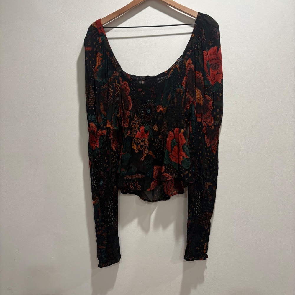 Farm Rio River Creatures Top Black Floral Smocked Long Sleeve Whimsigoth Sheer L - Picture 11 of 13